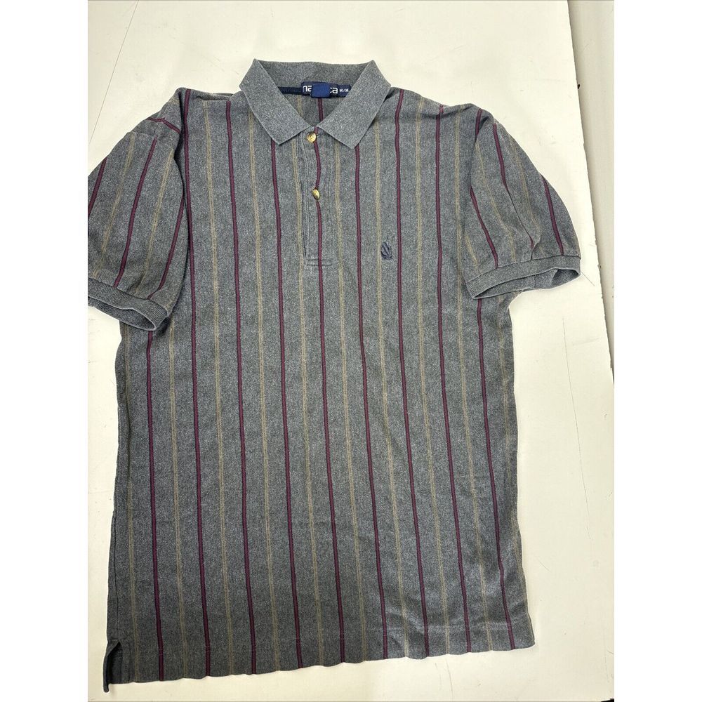 Vintage Nautica Polo Shirt Mens Gray Retro Striped Short Sleeve‎ Cotton M 90's